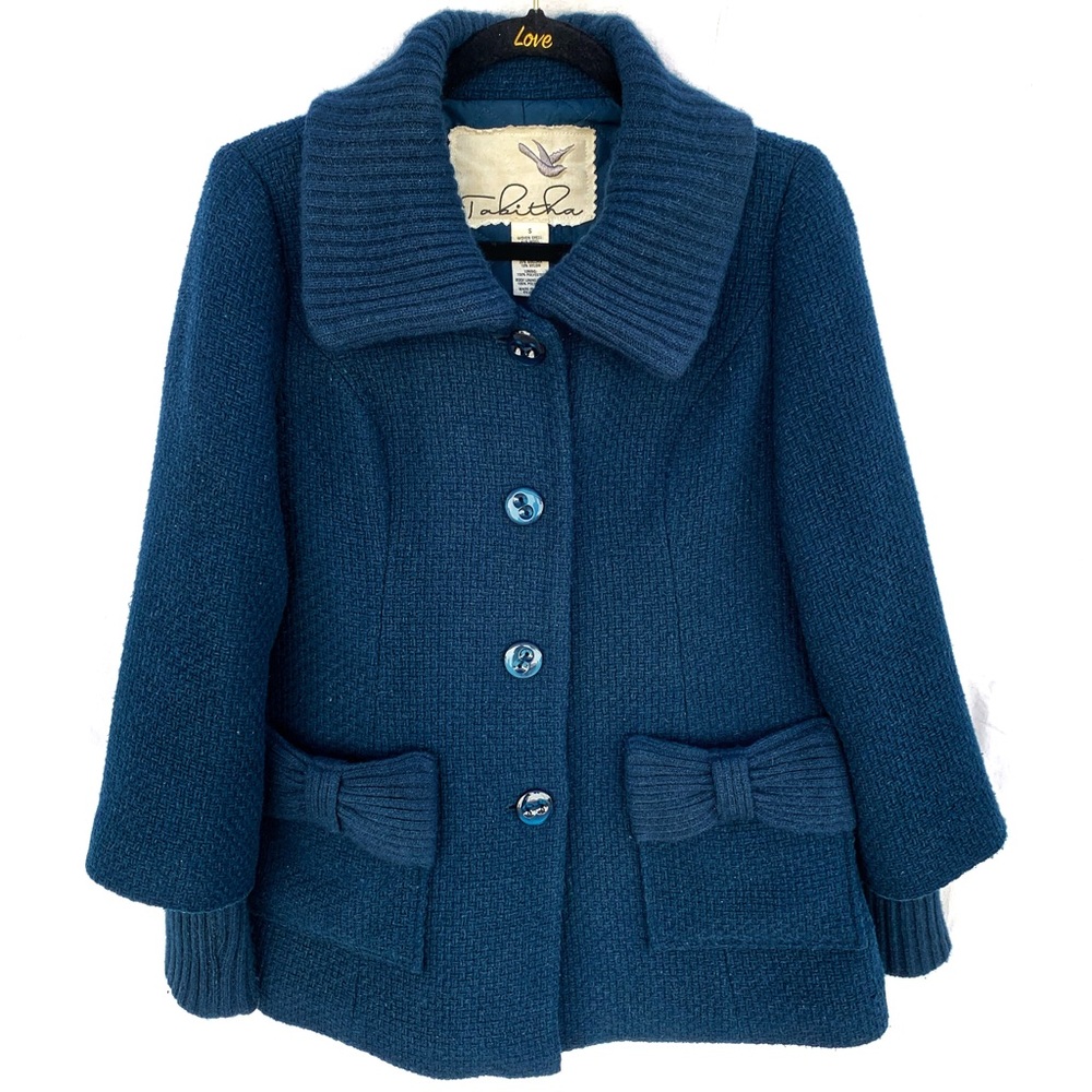 Anthropology Tabitha Teal Blue Bow Accent Wool Blend Coat Size Small